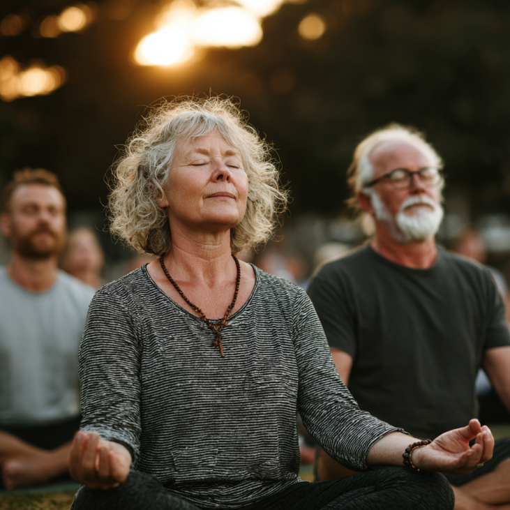 Літня жінка практикує йогу
