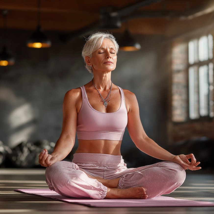 Група літніх людей практикує йогу